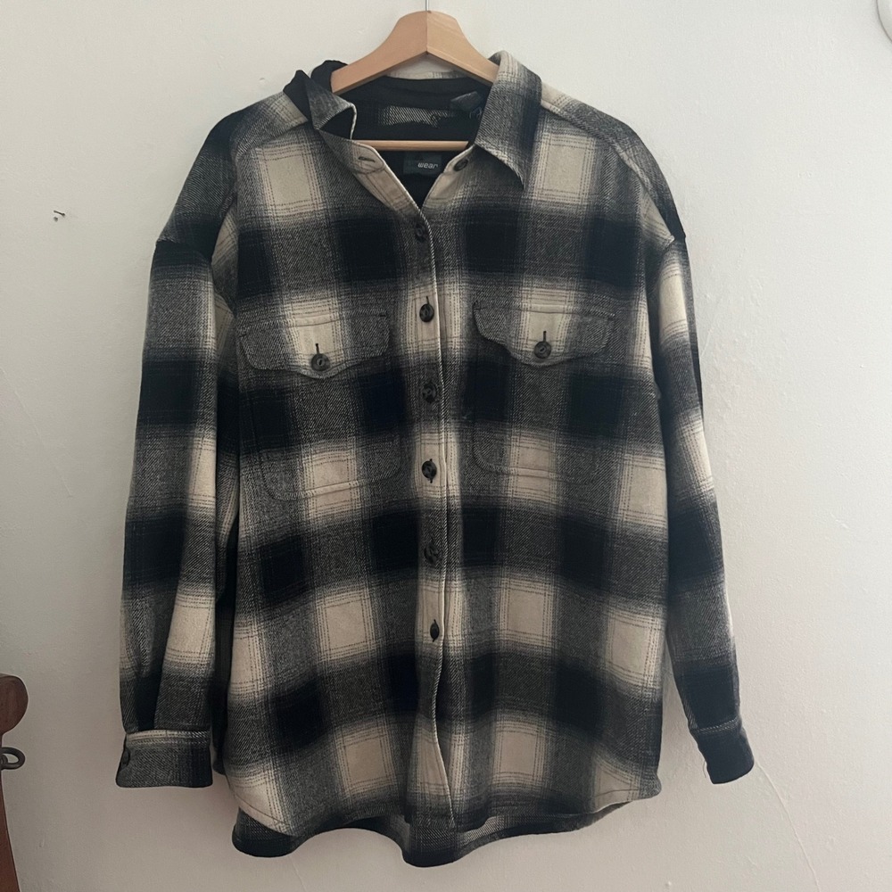 Vtg Lizwear Women's Black & White Buffalo Check Wool-Blend Button Down Shirt M